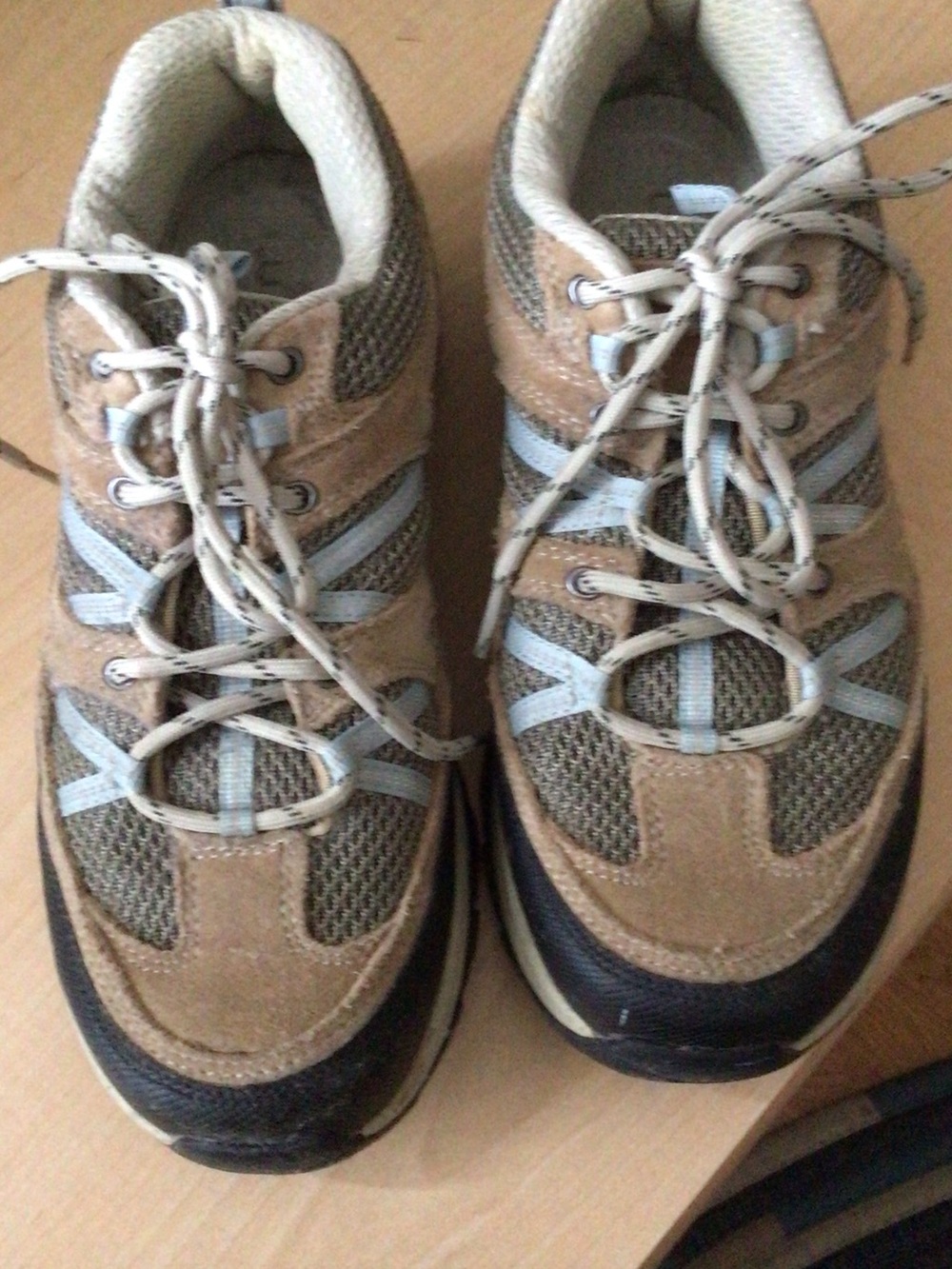 L.L. Bean Tan and Light Blue Suede Lace-Up Sneakers, Mountain style.